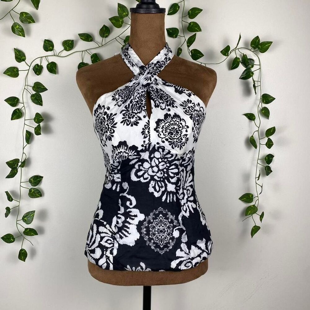black & white silk halter top elegant tie old money glam floral scrollwork
